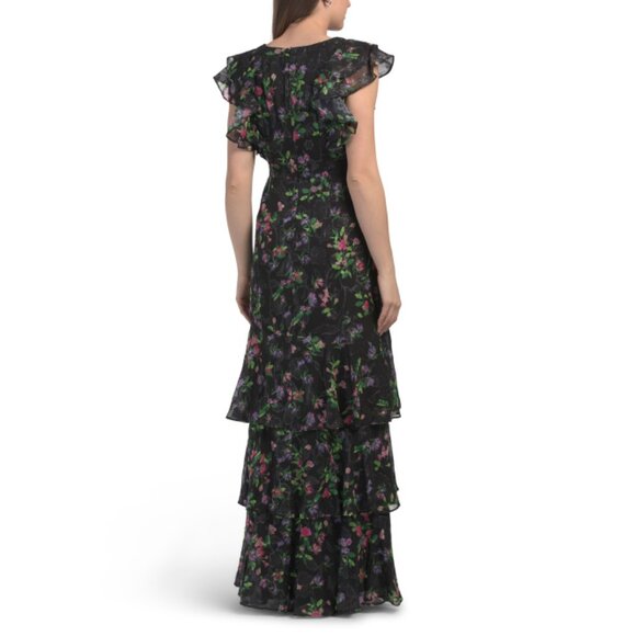 ADRIANNA PAPELL Black Multi Flutter Sleeve Floral Tiered Gown - Picture 2 of 2
